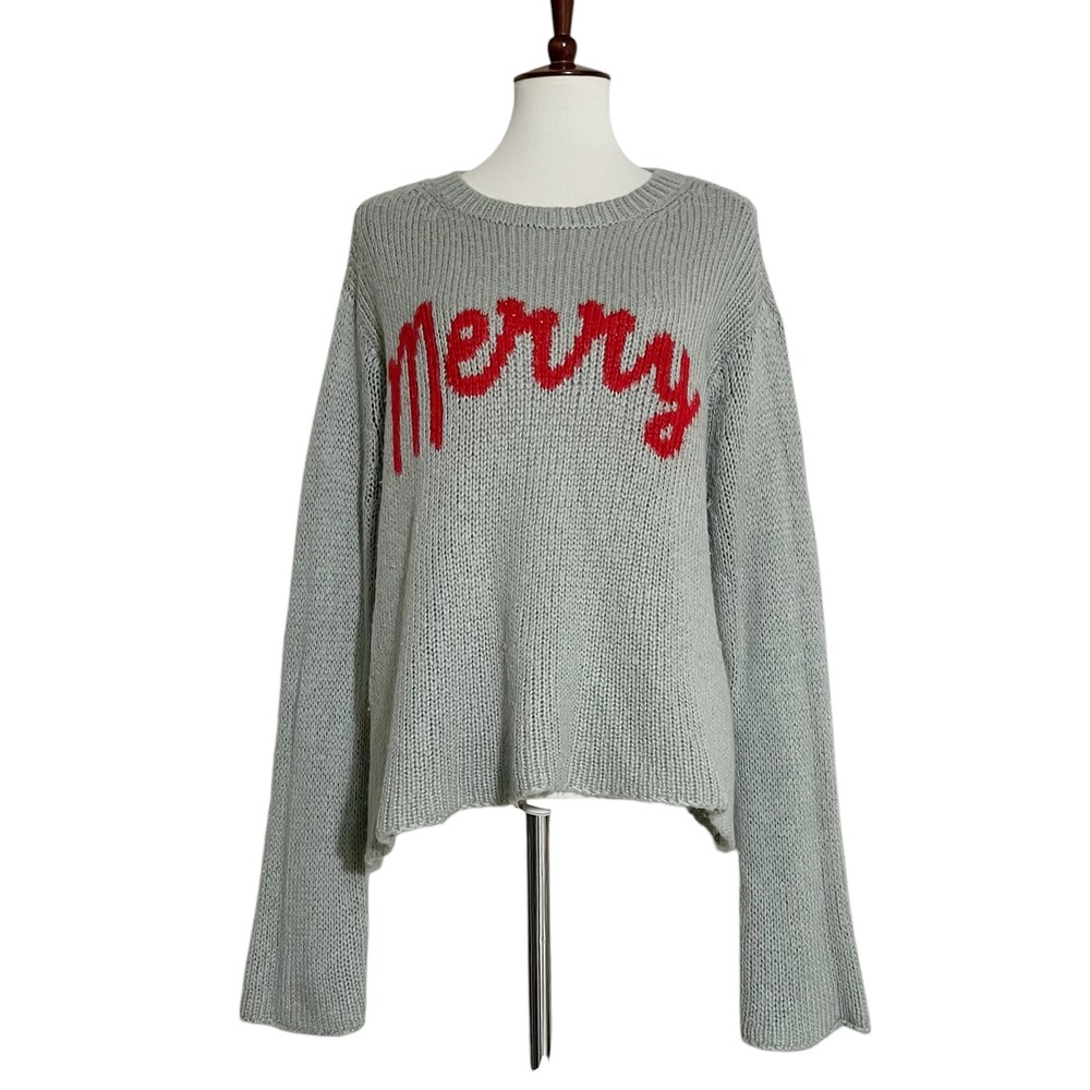 Wooden Ships Merry Holiday Sweater Grey Red Mohair Wool Blend M/L Festive Knit